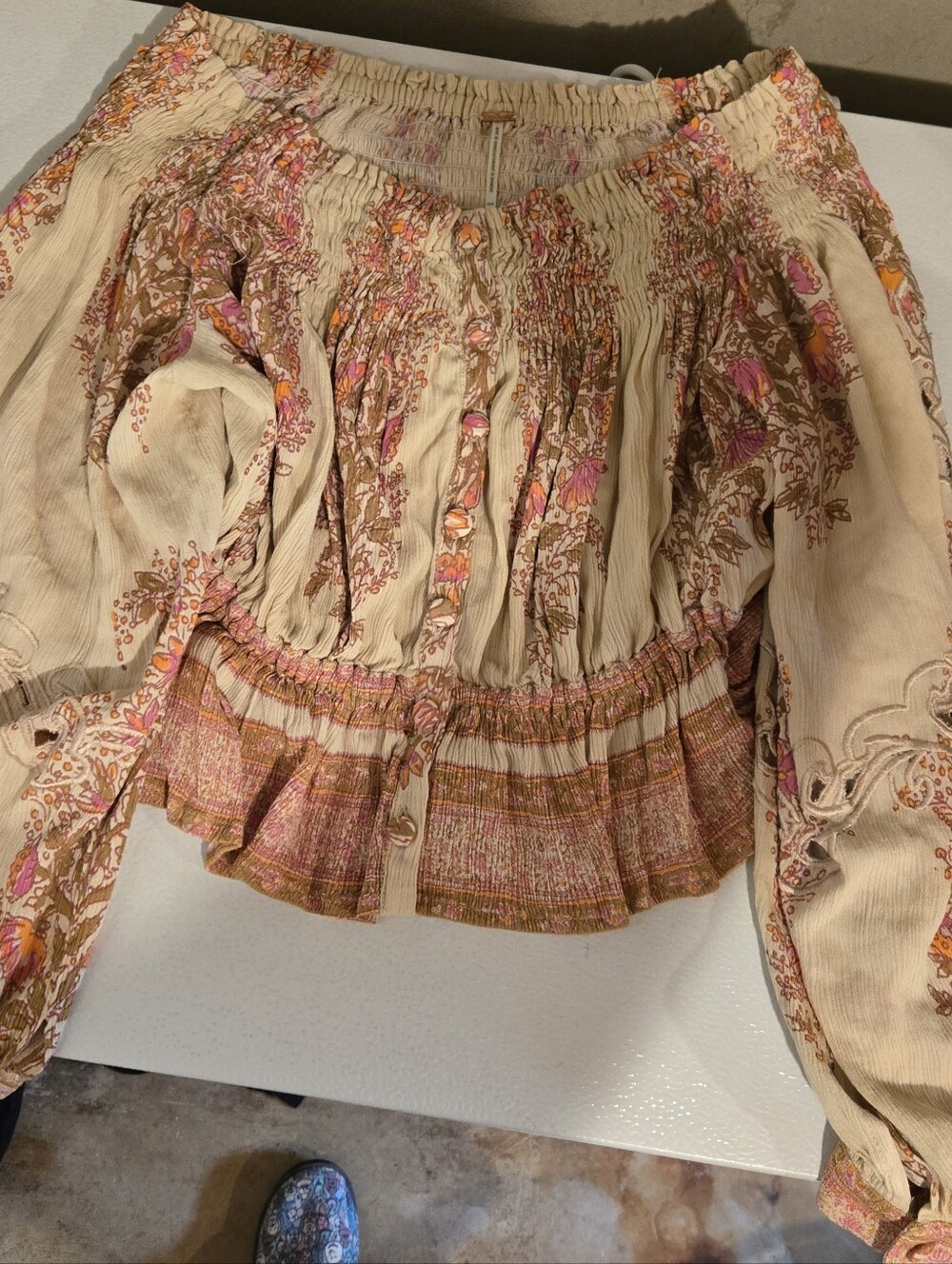Free People Cream Floral Smocked Peasant Blouse with Pink and Brown Accents